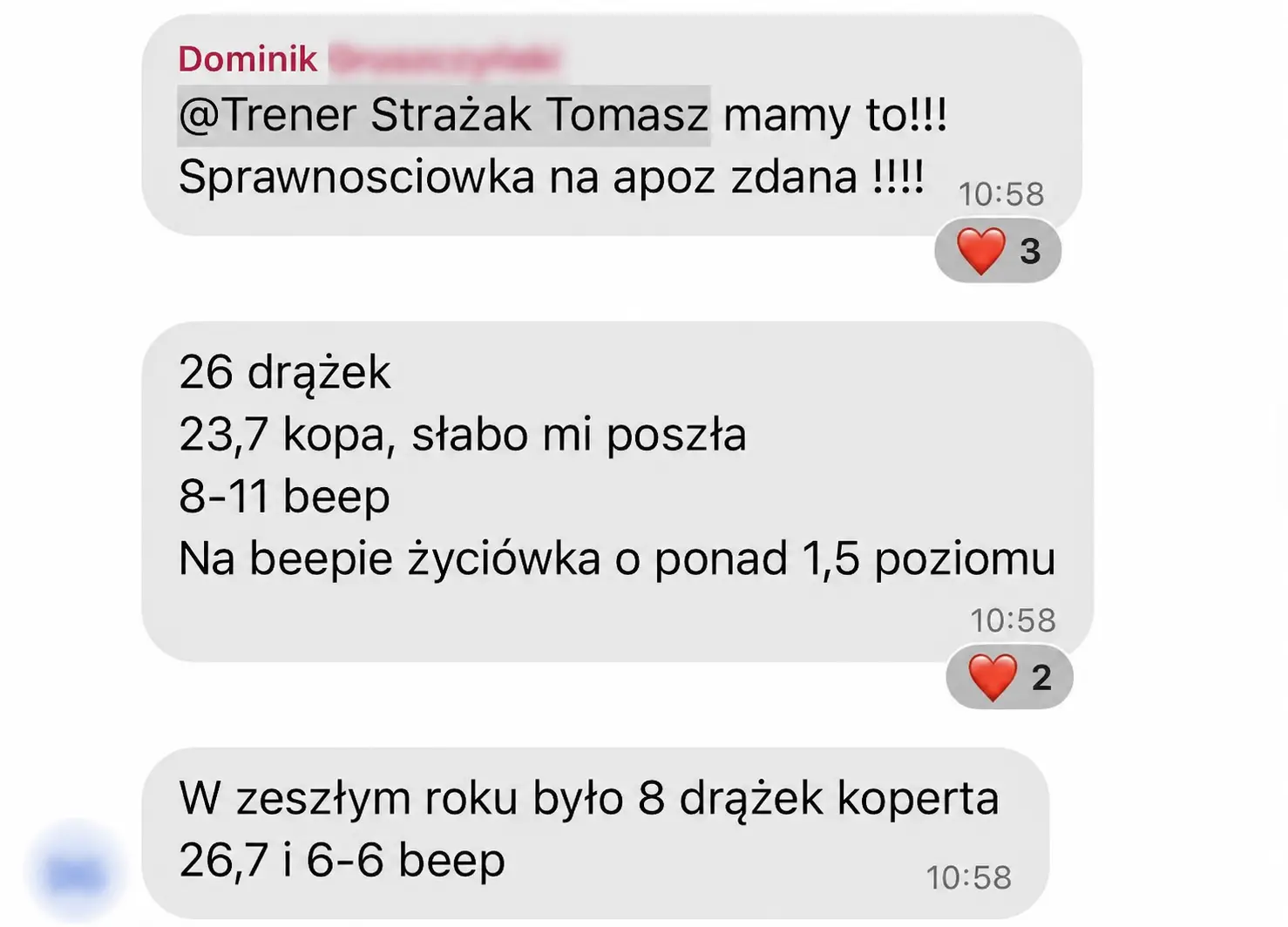Wyniki uczestnika pełnego planu treningowego do PSP